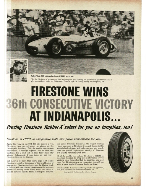 1959 Firestone Tires Roger Ward Wins Indy 500 Vintage Print Ad