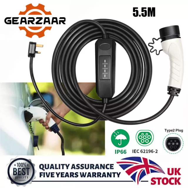 EV Charging Cable Type 2 UK Plug 3 Pin Electric Car Vehicle Protable Charger 13A