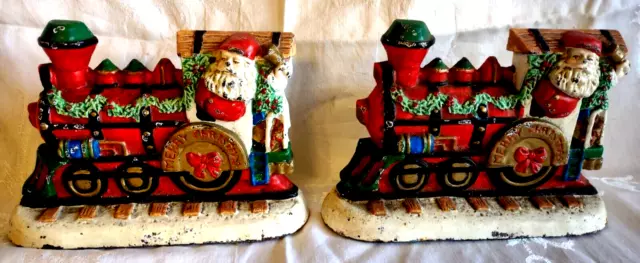 2 Matching VTG Cast Iron Painted Xmas Train Santa Book Ends Door Stops