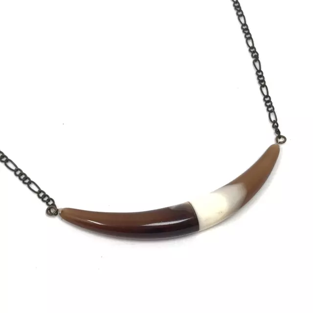 LENORA DAME Acrylic Crescent Brown Horn Pendant Necklace Brass Tone Chain 18"