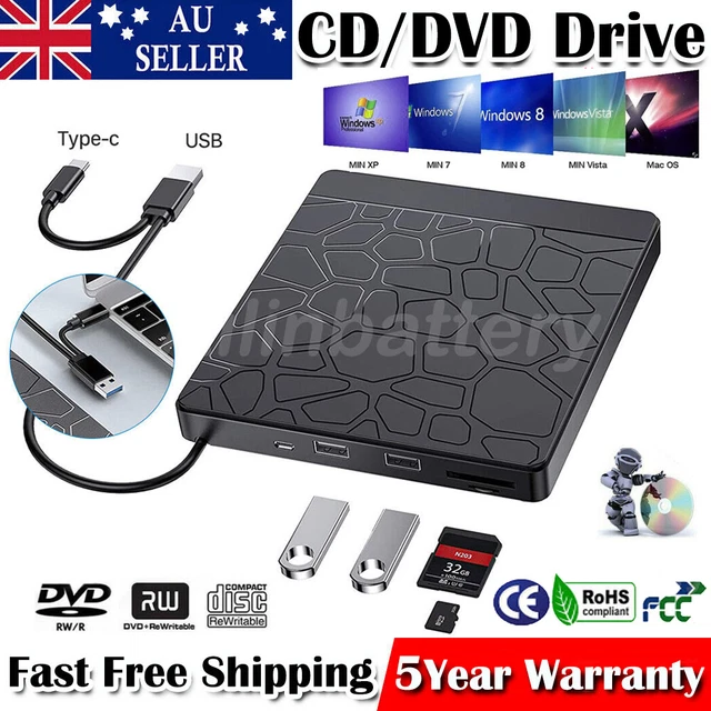 External Drive USB 3.0 Type C Burner CD RW DVD ROM Reader Writer For Mac Windows
