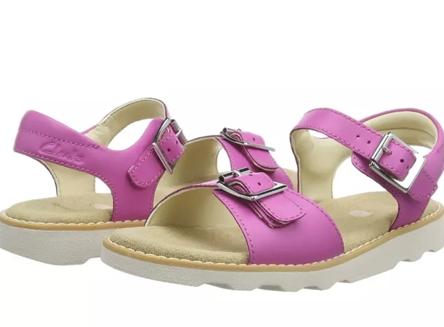 CLARKS GIRLS CROWN Bloom K Ankle Strap Sandals Hot Pink Leather
