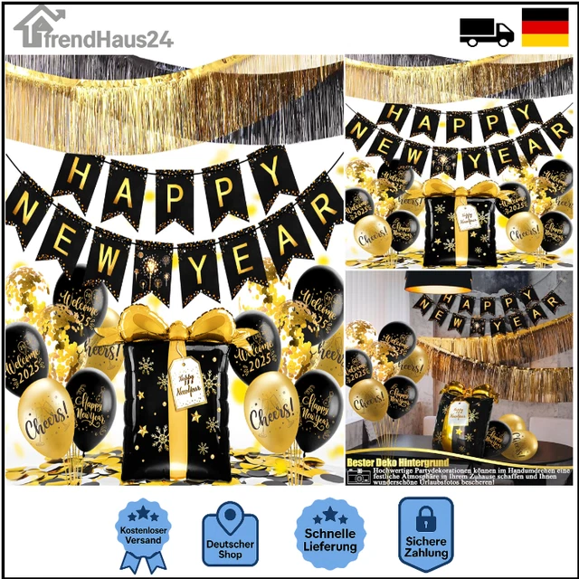 Silvester Deko Set 2026 – Schwarz-Gold-Silber – Hüte, Tröten, Ketten & Mehr Für 50 Gäste Glitzer Partyaccessoires