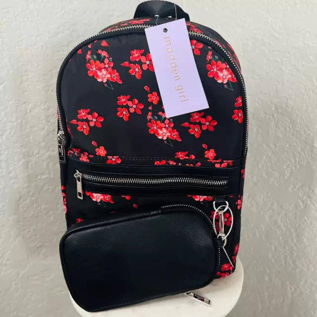 Madden Girl Mini Backpack & Pouch Bag, Lightweight, Black Red Floral, NWT