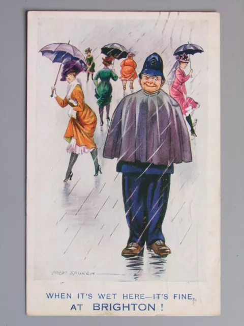 Postcard, Comic, Fred Spurgin, Bad Weather Rain Brighton Policeman- Grade G+