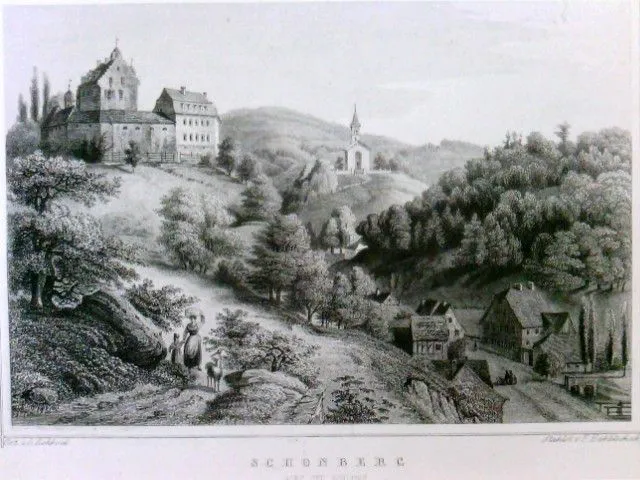 Schönberg (bei Bensheim),  Dorf und Schloss, im Passepartout,