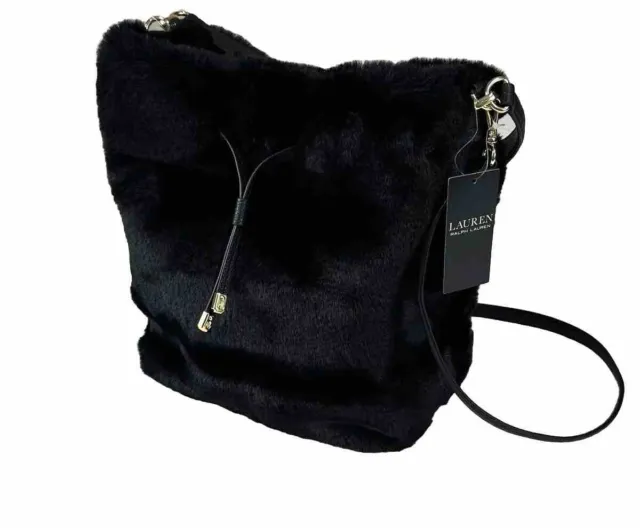 NWT Ralph Lauren Faux Fur Debby Drawstring Black Bag Women’s