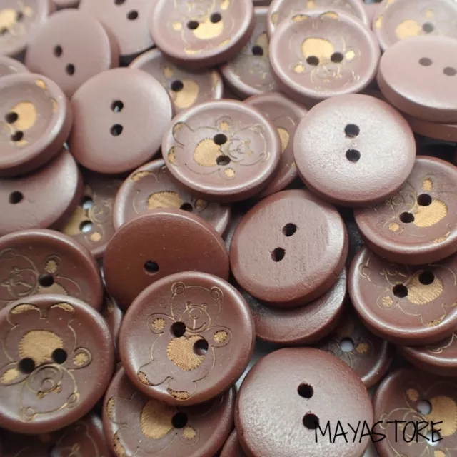 20MM Retro Teddy Bear Wood Buttons Braun Baby Kids Handmade Little