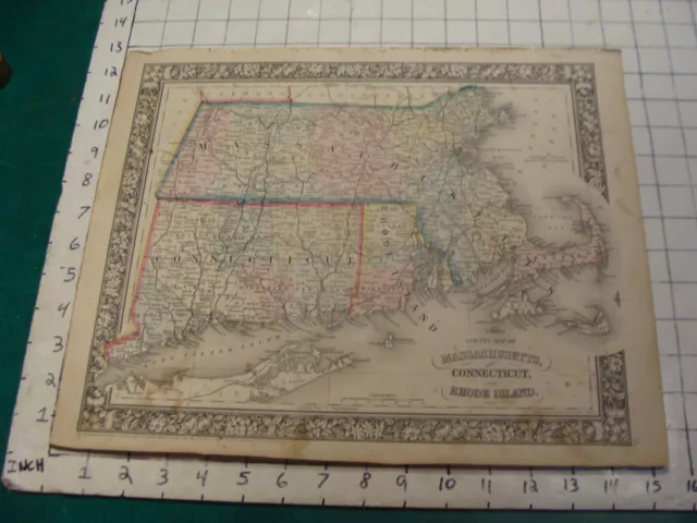 ORIGINAL Hand colored 1862 Mitchell Map: 15 1/4 x 12 1/2-Mass Conn, Rhode Island