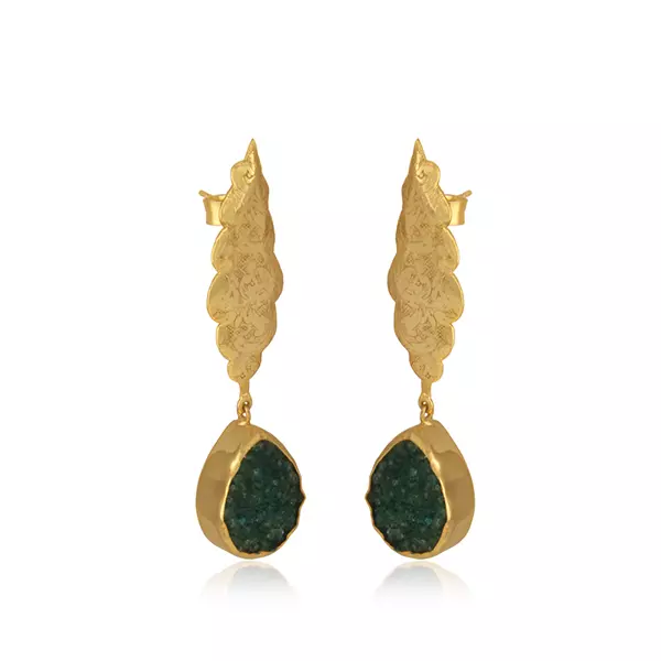 Rough Gemstone Leaf Earring Gold Plated Raw Green Druzy Teardrop Dangle Earring 3