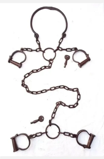 Handmade 2 key Iron Antique Handcrafted Rare Neck Leg & Hand Handcuffs Lock