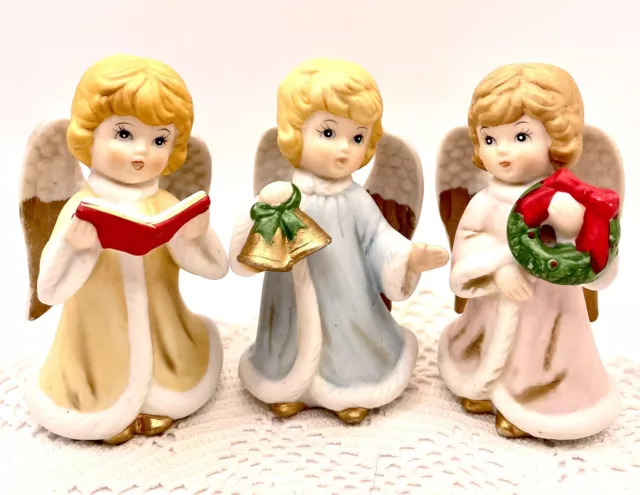 Christmas Cherub Angel Figurines Vintage HOMCO Bisque Ceramic 5557 Set of 3