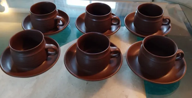 Vintage Denby Langley Mayflower Set 6 Tea Coffee Cups & Saucers Brown Stoneware