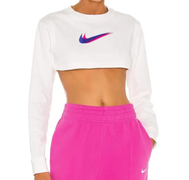 NWT Nike Cropped Crop Sexy Long Sleeve Top Off White XS Sports Barbie Pink Yoga