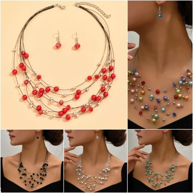 Women 925 Silver Pearl Multilayer Necklace Drop Earrings Wedding Jewelry Set