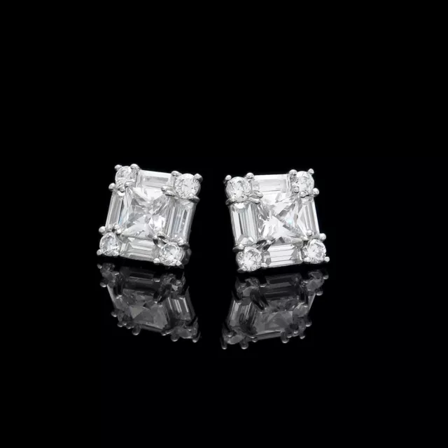 1CT Princess Baguette Round Simulated Diamond Cluster Earrings 14K White Gold