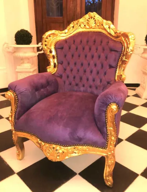 Casa Padrino Barock Sessel King Lila / Gold  Barock Wohnzimmer Möbel Antik Stil