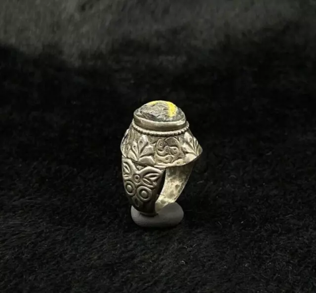 Ancient Roman Wonderful Solid Silver Ring With Old Mosaic Glass Gabri Stone