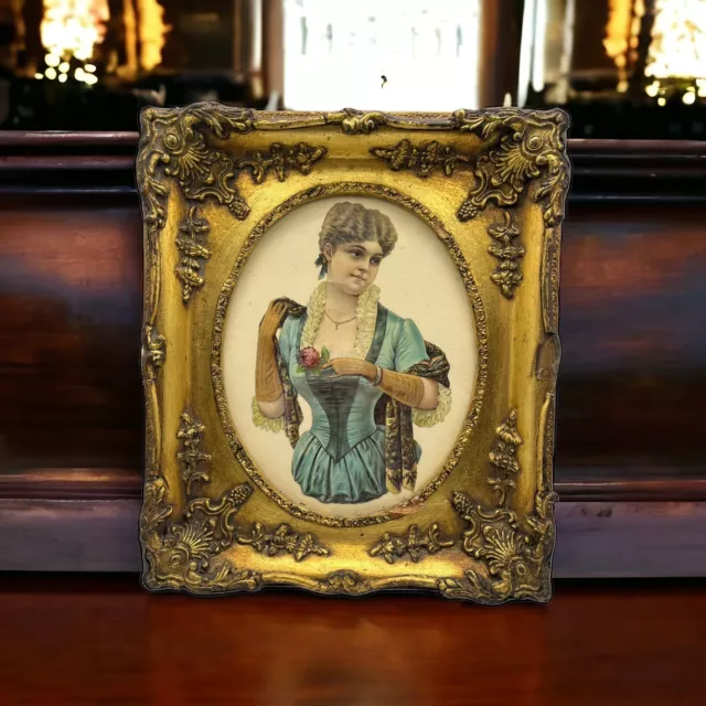 Antique German Elegant Victorian Lady Die Cut Gold Wood Frame Plaque Wall Ornate