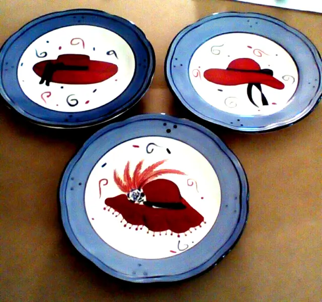 Canterbury Pottery Red Hat Lady Dessert Plates Lot of 3 Hand Painted