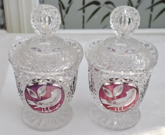 Pair Of Vintage Cut Glass Bon Bon Jars With Ruby Flash Bird Design