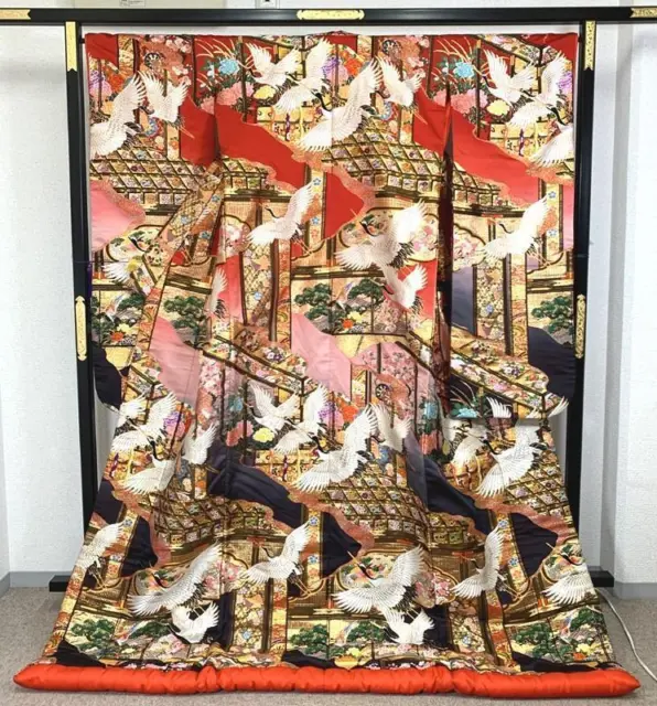 Japanese Silk Wedding Kimono Uchikake Gold Thread Flying Crane Flowers  Red 75"