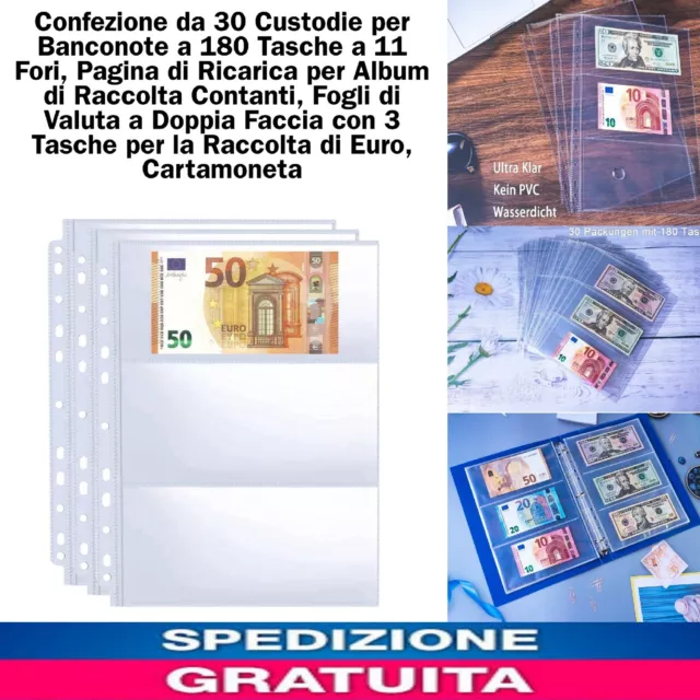 Confezione da 30 Custodie per Banconote a 180 Tasche a 11 Fori, doppia faccia