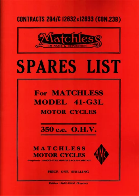 Matchless G3l WD 41 Parti Libro 350 Illustrato Ricambi Lista Militare Moto