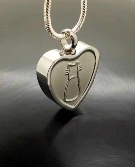 Silver Pet Pussy Cat Heart Design Feline Keepsake Cremation Memorial Urn Pendant