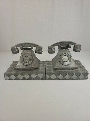 Pair of Hammered & Designed Aluminum Rotary Phone Sculpture Bookends ART DECO