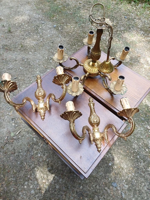 French Vintage Brass Hanging Ceiling Light Chandelier & 2 Sconces Wall Lights