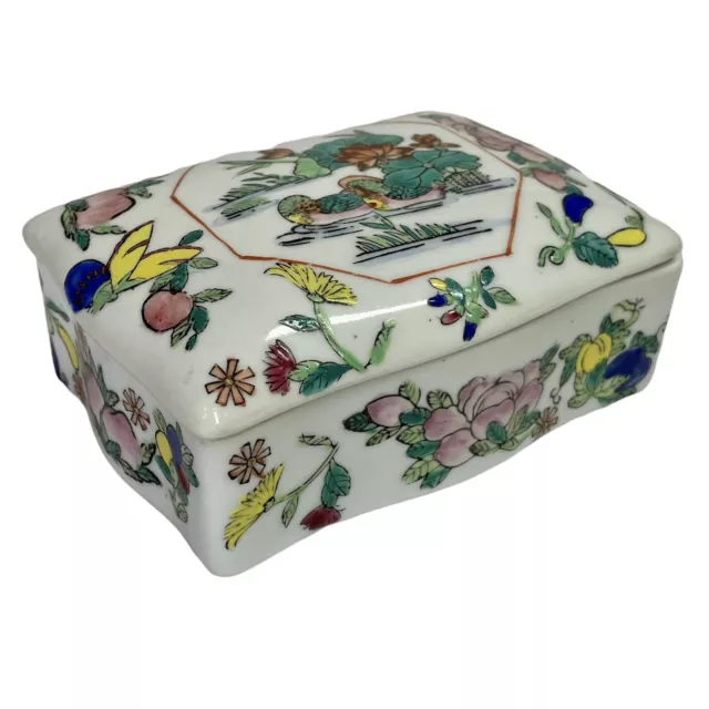 Vintage Chinese Export porcelain box floral design Covered Ducks Fruit Flowers