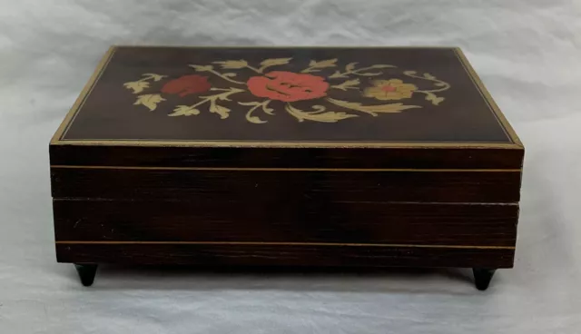 Vintage ITALIAN JEWELRY / MUSIC BOX Flower Inlaid Wood - Italy