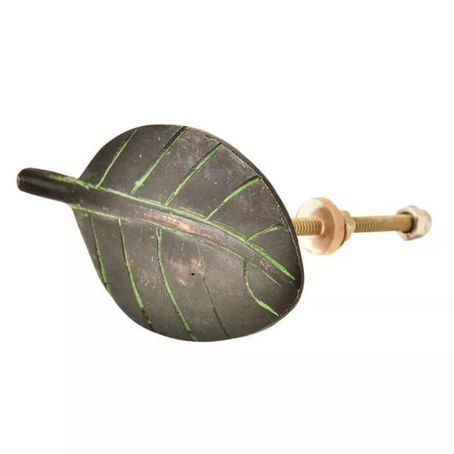 Brass Handmade Leaf Shaped Cabinet Drawer Knob With Green Patina