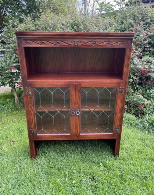 Carved Oak Old Charm Wood Bros Leaded Glass Display China Cabinet Bookcase #M
