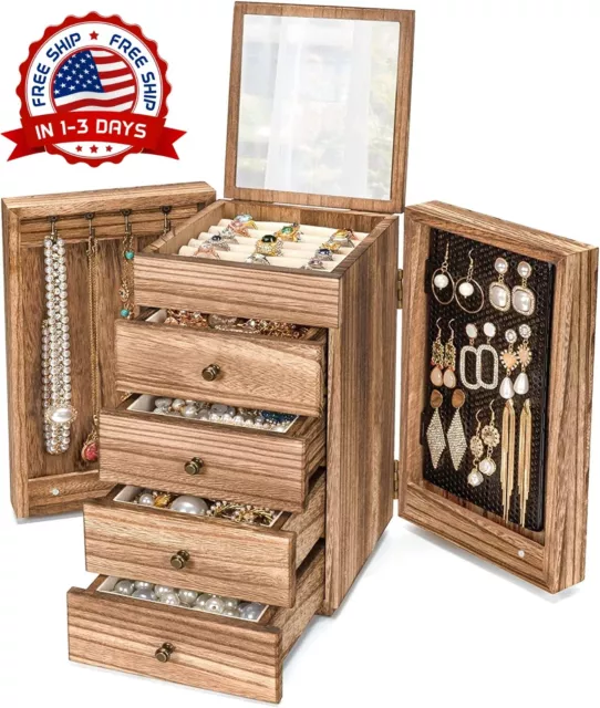 Joyero de madera con espejo para joyeria joyas organizador regalo mujer mama New