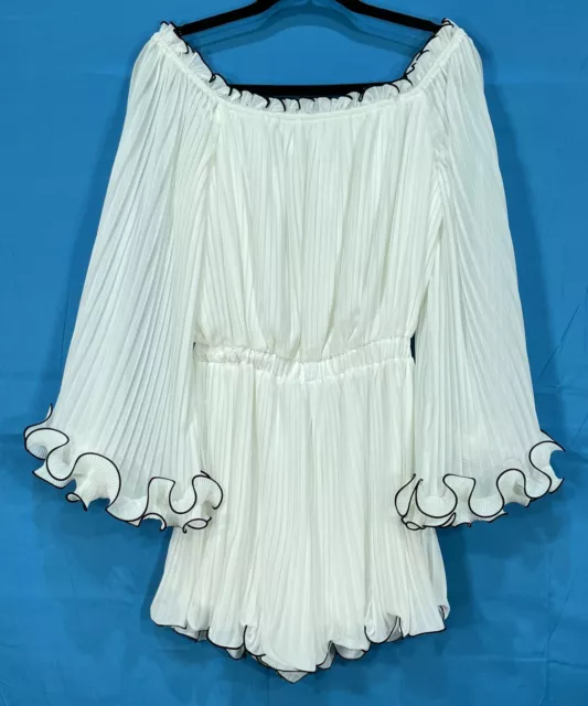 NWT ENDLESS ROSE White PLEATED CHIFFON Off-Shoulder BELL SLEEVE Ruffle ROMPER XS