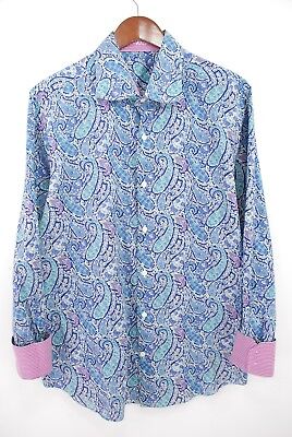 J.Hilburn Men's Blue Purple Paisley Spread Collar Flip Cuff Shirt 17.5 - 44 cm
