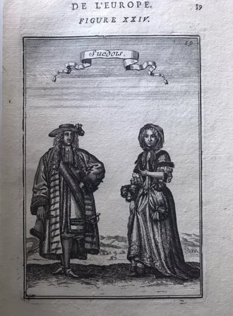 Antique 1683 Swedish Costume 17th Century engraving print - Mallet
