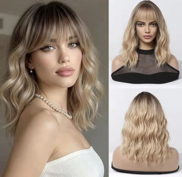 Perruque Synthétique Blonde Bouclée Courte Avec Frange - Longueur 35cm, Bonnet Taille Moyenne