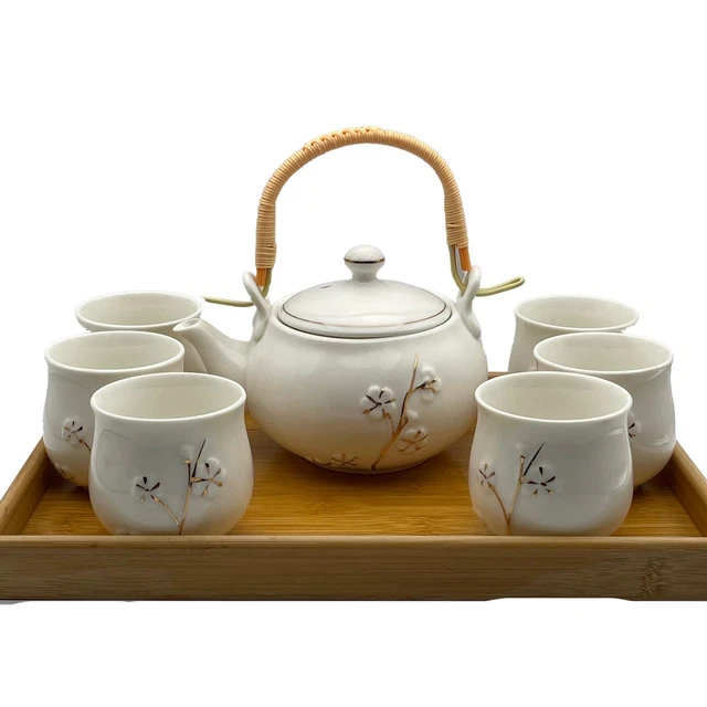 DUJUST JAPANESE TEA Set White Pussy Willow Porcelain with 1 Teapot 6