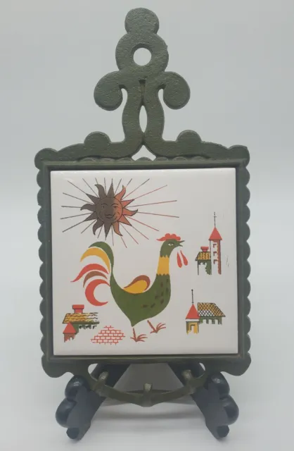 Vintage Cast Iron Rooster Tile Pot Holder Or Key Hanger 3 Hooks