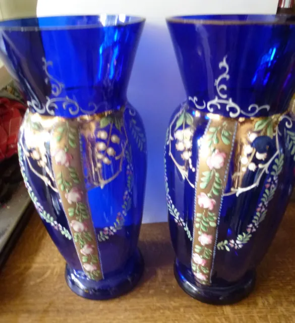 Pair Cobalt Blue Glass  Vases Victorian Large Hand Gilded & Painted Flowers (0)