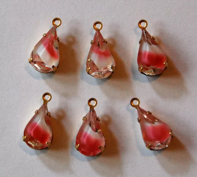 VINTAGE 6 FACETED GLASS TEAR DROP PEAR SHAPE BEAD PENDANT PINK GIVRE 13x8mm