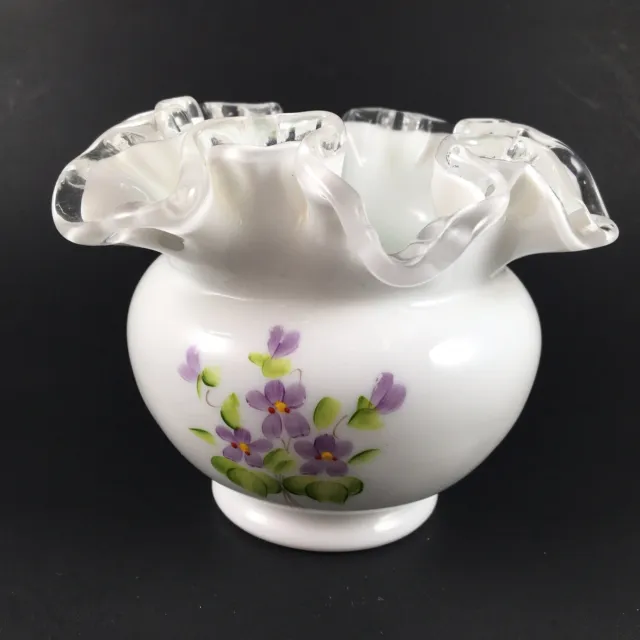 Vintage FENTON "Violets In The Snow" Silver Crested Ruffled Milk Glass Rose Bowl