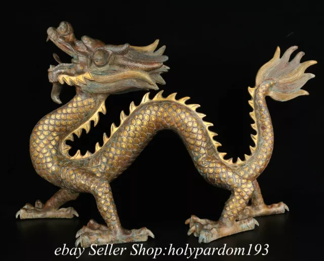 32" Old Chinese Bronze Ware Gilt Fengshui 12 Zodiac Year Dragon Statue Sculpture
