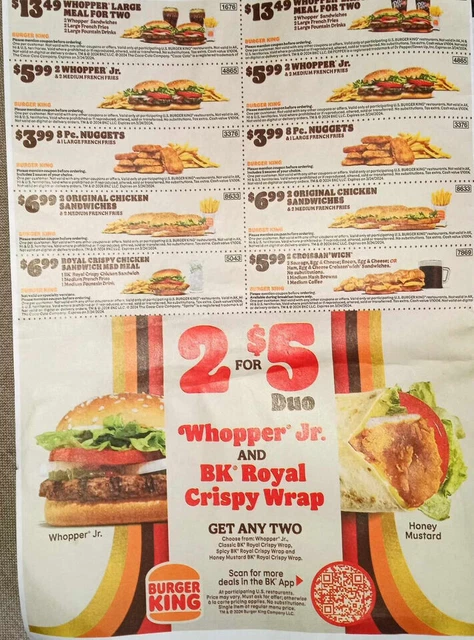 BURGER KING COUPONS SHEET BK Restaurant Whopper Fast Food 3/24/24 $4.99