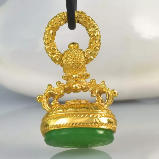 Pendant Fob Seal Stamp Gold Vermeil Sterling Silver Green Chalcedony 11.84 g