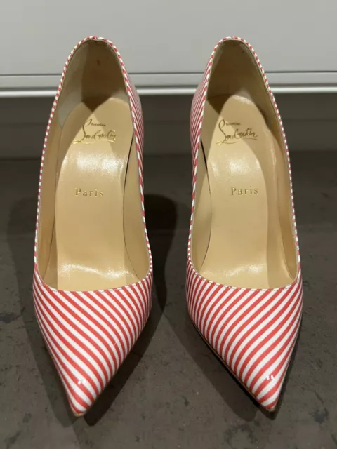 Christian Louboutin Pigalle Follies Pink Candy Stripe Red Sole Patent Leather 37