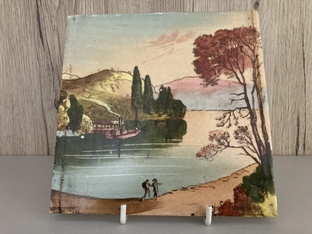 Antique T R Boote Handpainted 6" Tile Water Lake Scene